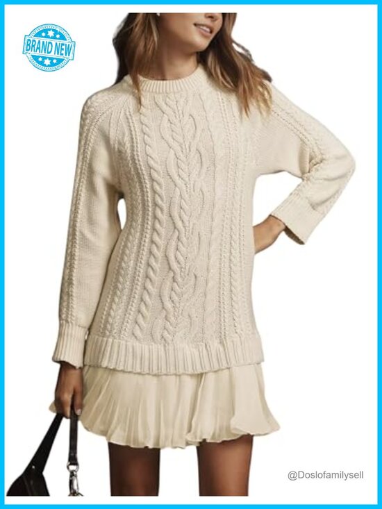 Dresses & Skirts - Cable Knit Sweater Mini Dress Crewneck Long Sleeve Pleated Twofer